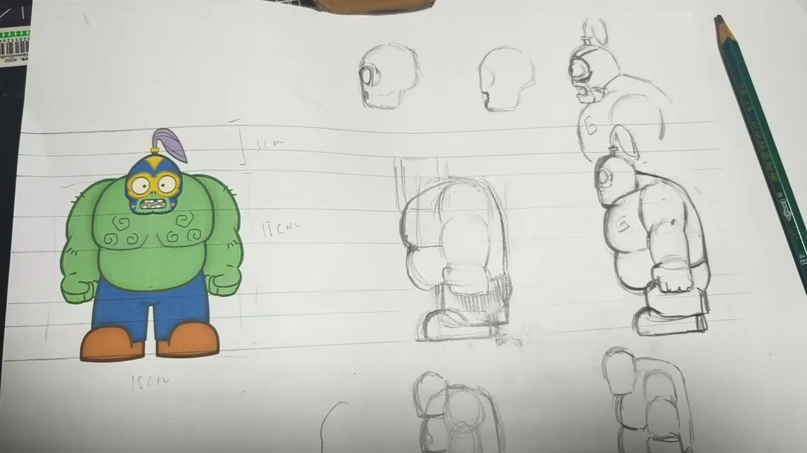 Character concept sketches on paper